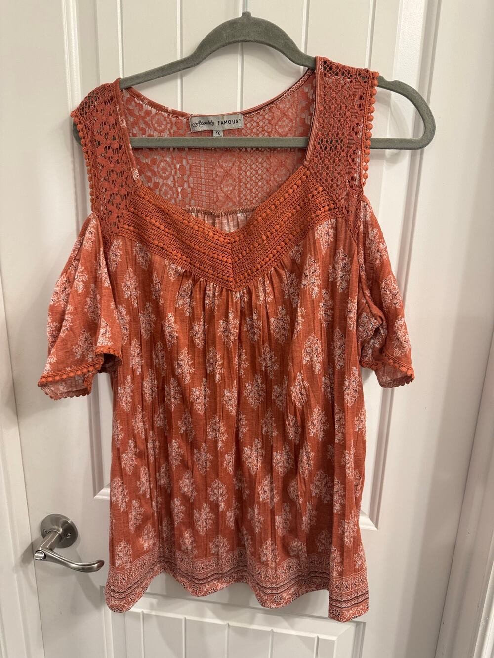 Absolutely Famous 2X Rust Orange Bohemian Cold Shoulder Top